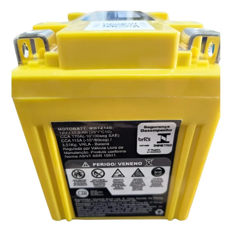 Bateria Motobatt MBTZ14S 11.2Ah AGM QuadFlex vista frontal destacando os quatro polos