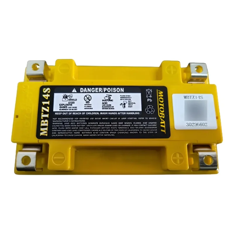 Vista lateral da bateria selada Motobatt MBTZ14S com especificações de CCA e voltagem