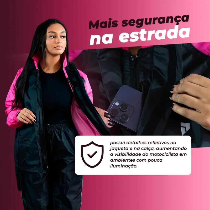 Capa De Chuva Moto Pioneira Traveller Nylon Feminina Preto Rosa