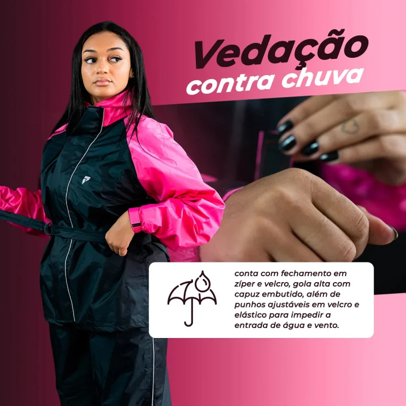 Capa De Chuva Moto Pioneira Traveller Nylon Feminina Preto Rosa