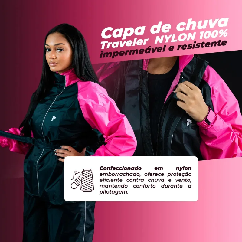 Capa De Chuva Moto Pioneira Traveller Nylon Feminina Preto Rosa