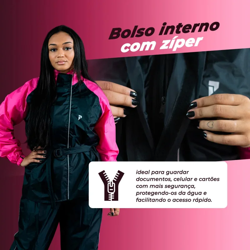 Capa De Chuva Moto Pioneira Traveller Nylon Feminina Preto Rosa