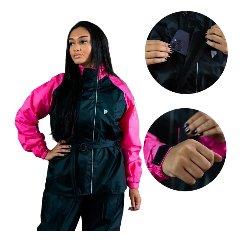 Capa De Chuva Moto Pioneira Traveller Nylon Feminina Preto Rosa