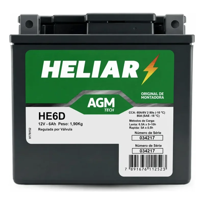 Bateria Heliar HTZ6L AGM 12V 5Ah para Motos