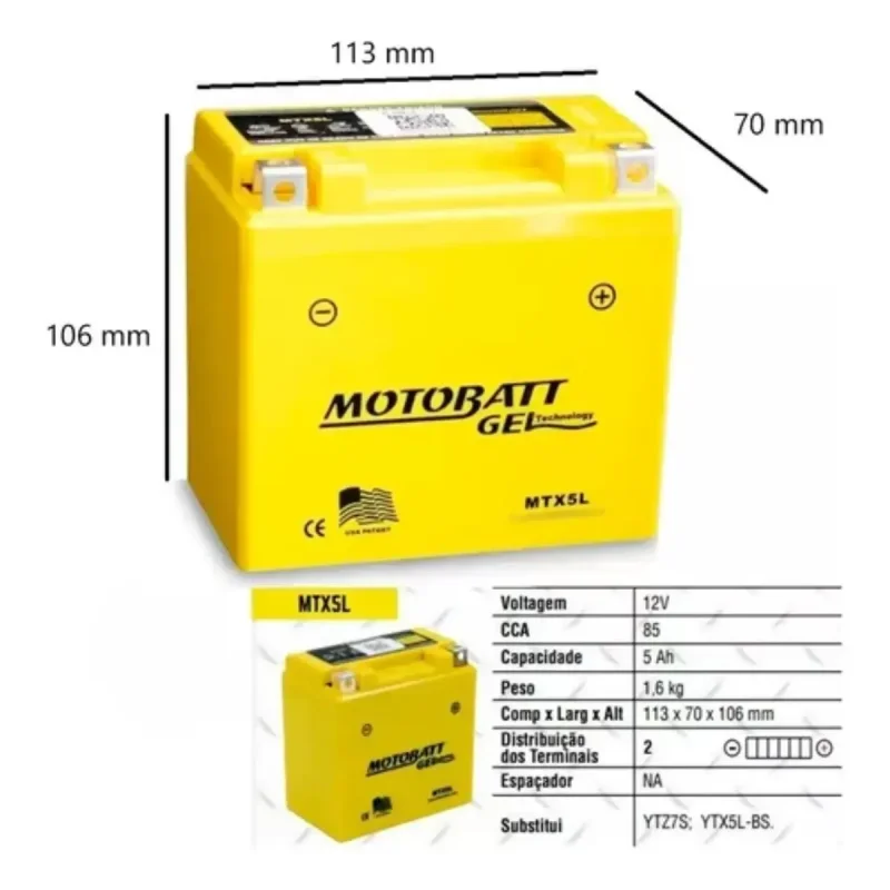 Bateria Motobatt 12v 6ah Mtx5l Em Gel Para Motos