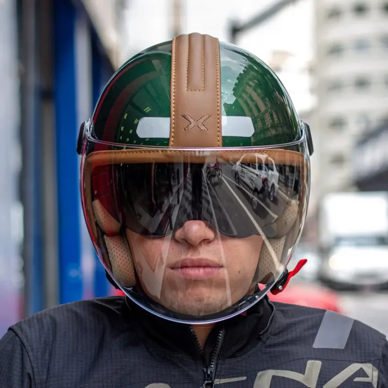 Capacete Aberto Nexx Y10 Midtown Verde E Caramelo Com Viseira Solar