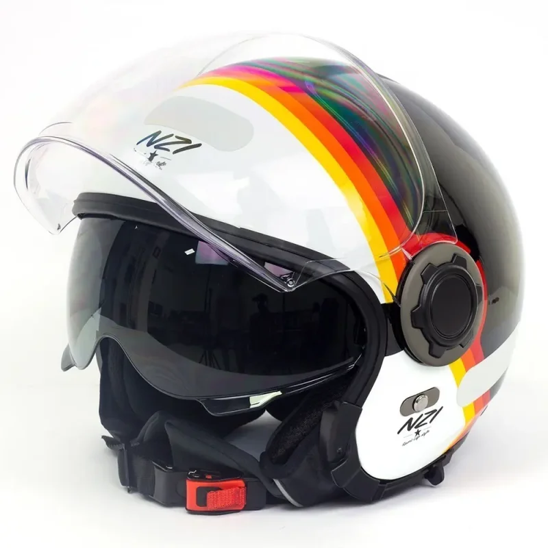 Capacete Aberto Nzi Ringway Skyline Preto E Branco Com Viseira Solar