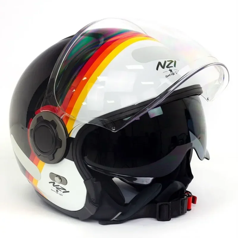 Capacete Aberto NZI Ringway Skyline Preto e Branco com Viseira Solar