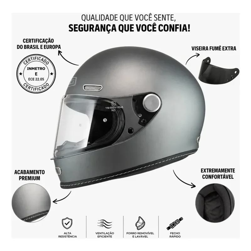 Capacete Nzi Revival Antracite Fosco Cafe Racer Com 2 Viseiras