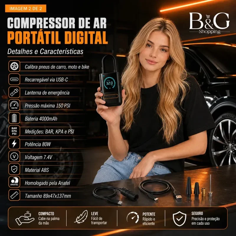 Mini Compressor De Ar Portatil Recarregavel 4000mah Digital