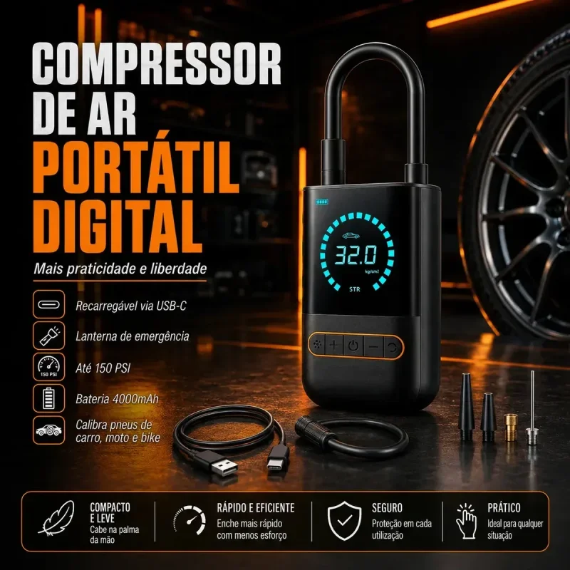 Mini Compressor De Ar Portatil Recarregavel 4000mah Digital