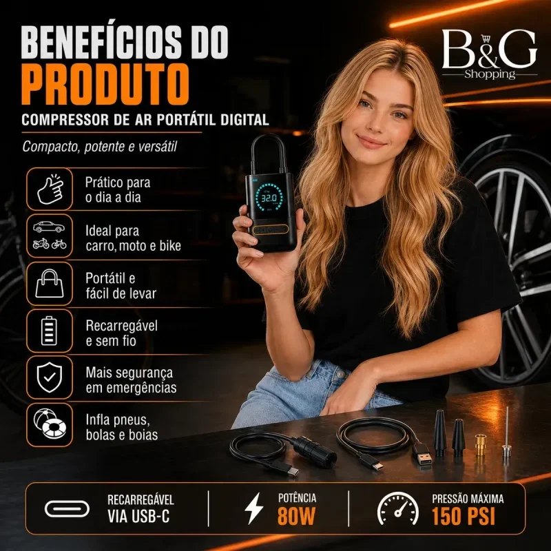 Mini Compressor De Ar Portatil Recarregavel 4000mah Digital